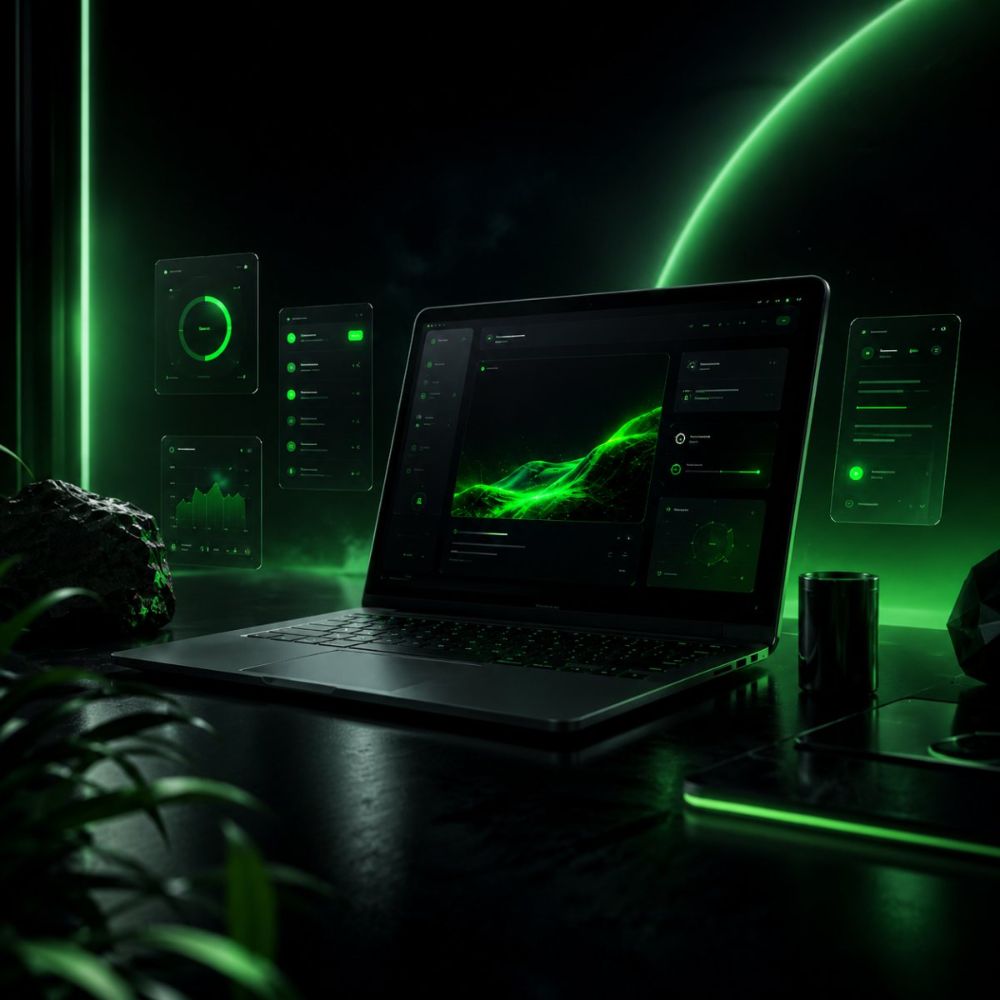 Laptop mit grünem Dashboard und schwebenden Glass-UI-Panels