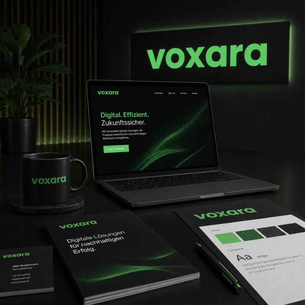 voxara Markenauftritt — Laptop, Briefing-Mappe und Branding