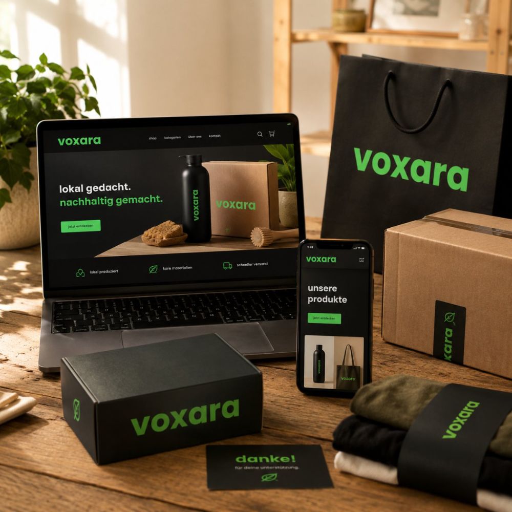 voxara Onlineshop — nachhaltige Marke auf Laptop und Smartphone