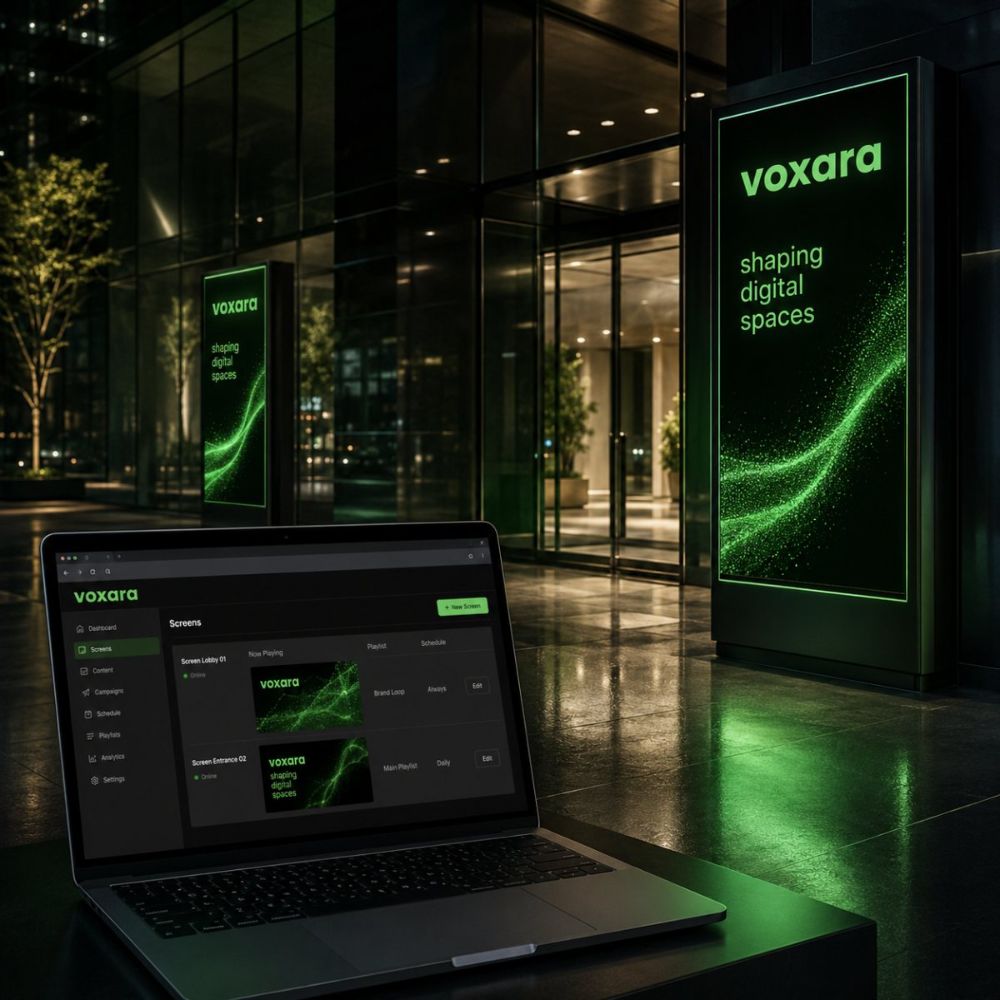 voxara Web & Digitale Displays — Display-Stelen in einer Lobby mit CMS